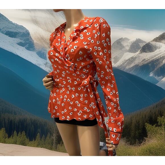 ganni top Orange Floral Size 40 M/L Wrap Belt And Ruffle Collar Long Sleeve - Picture 1 of 11